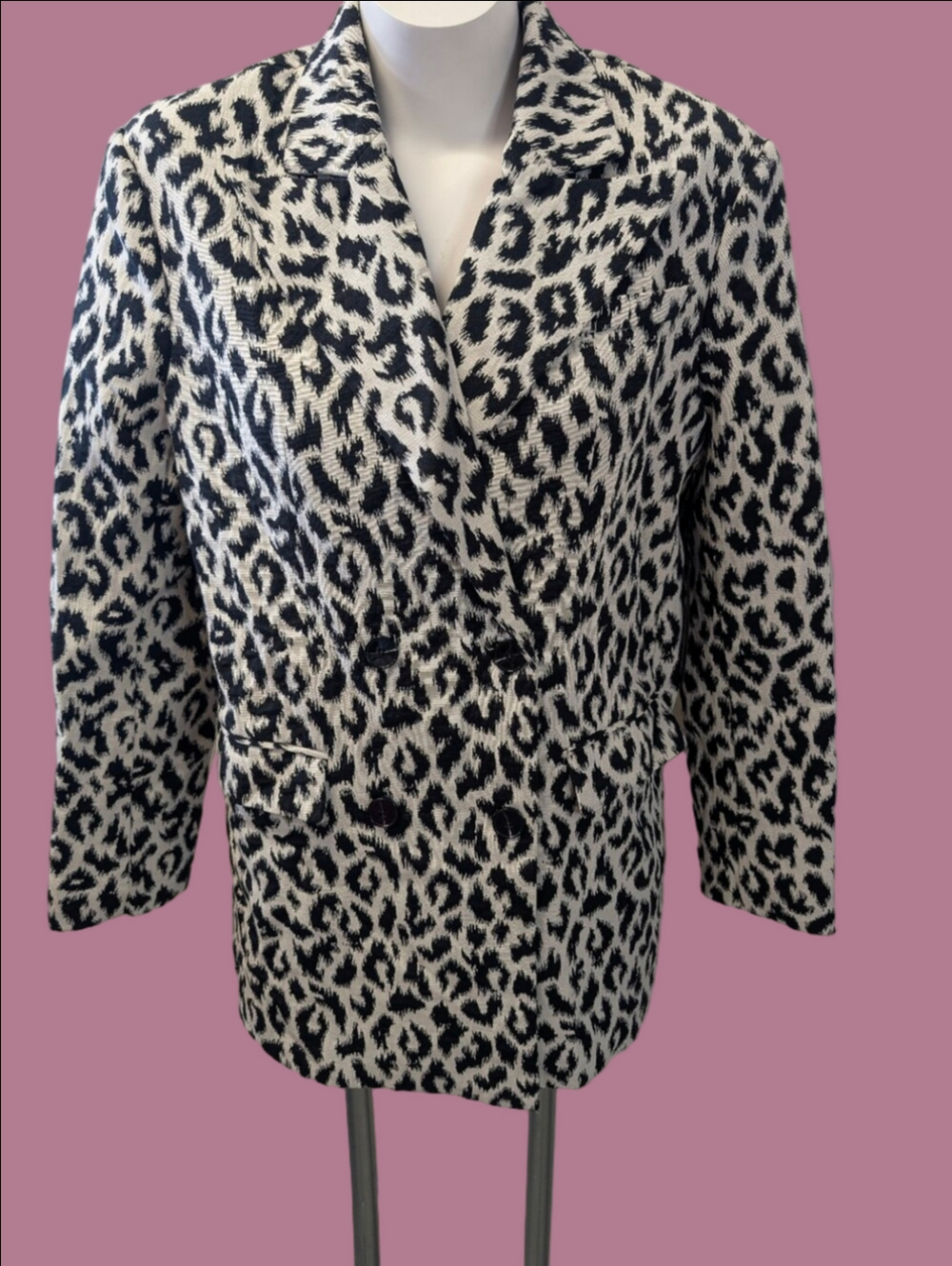 Black White Leopard Print Double-Breasted Blazer Jacket NWT